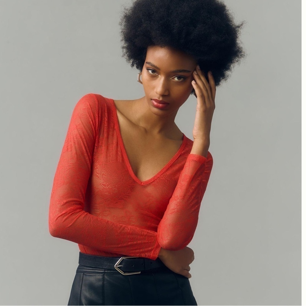 ANTHROPOLOGIE Deep V Neck Lace Bodysuit Red NEW